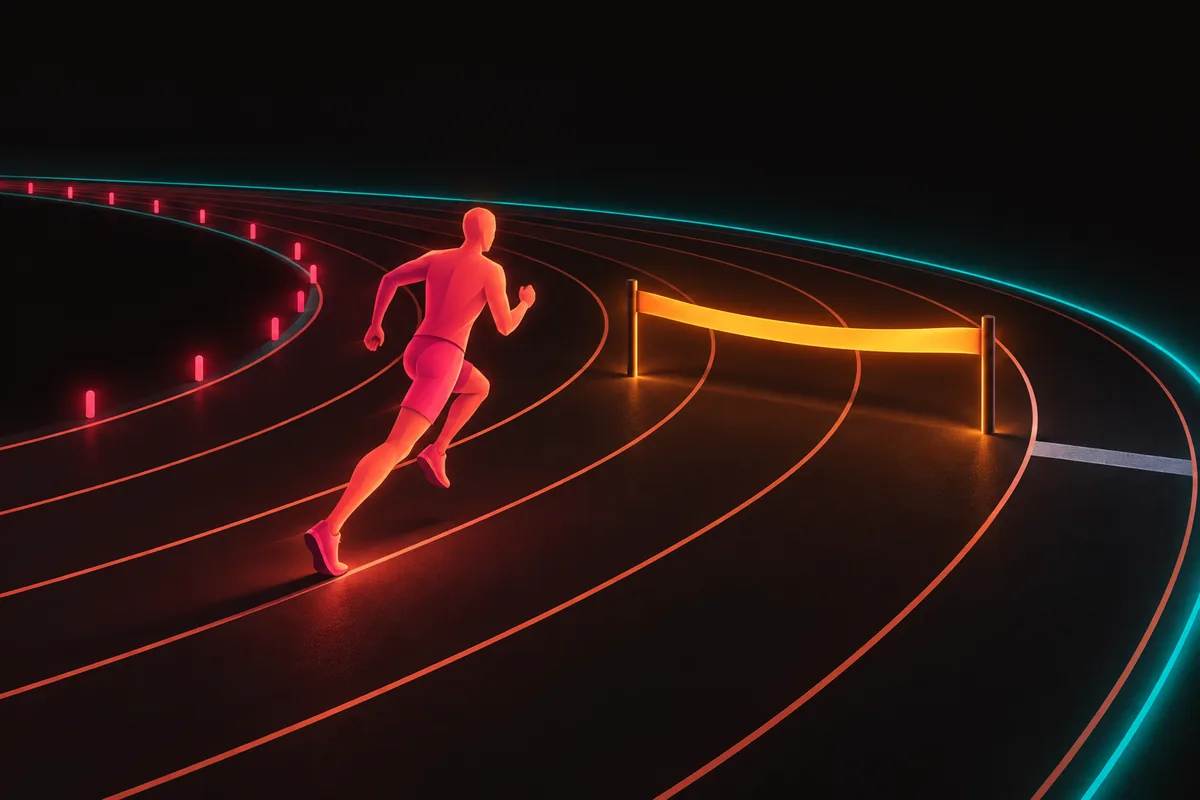 A runner paces down a track toward a finish tape stretched well before the painted end line.