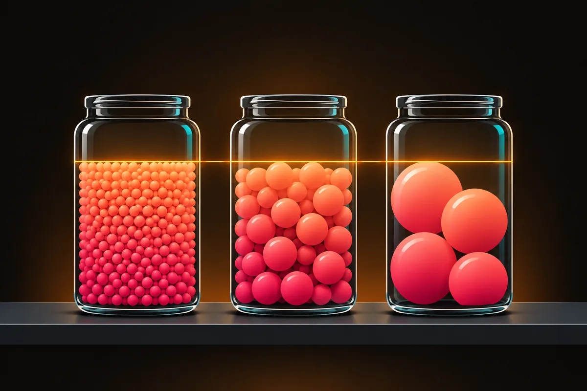 Three jars filled to the same line: one with tiny beads, one with marbles, one with a few large spheres.