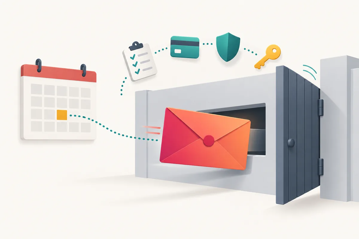 A sealed envelope slides through a wall slot before a gate closes, with a checklist, card, shield and calendar around it.