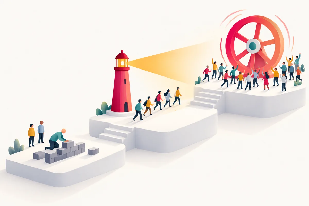 Three rising terraces: a figure laying bricks, a lighthouse drawing a small group, and a spinning flywheel with a crowd.