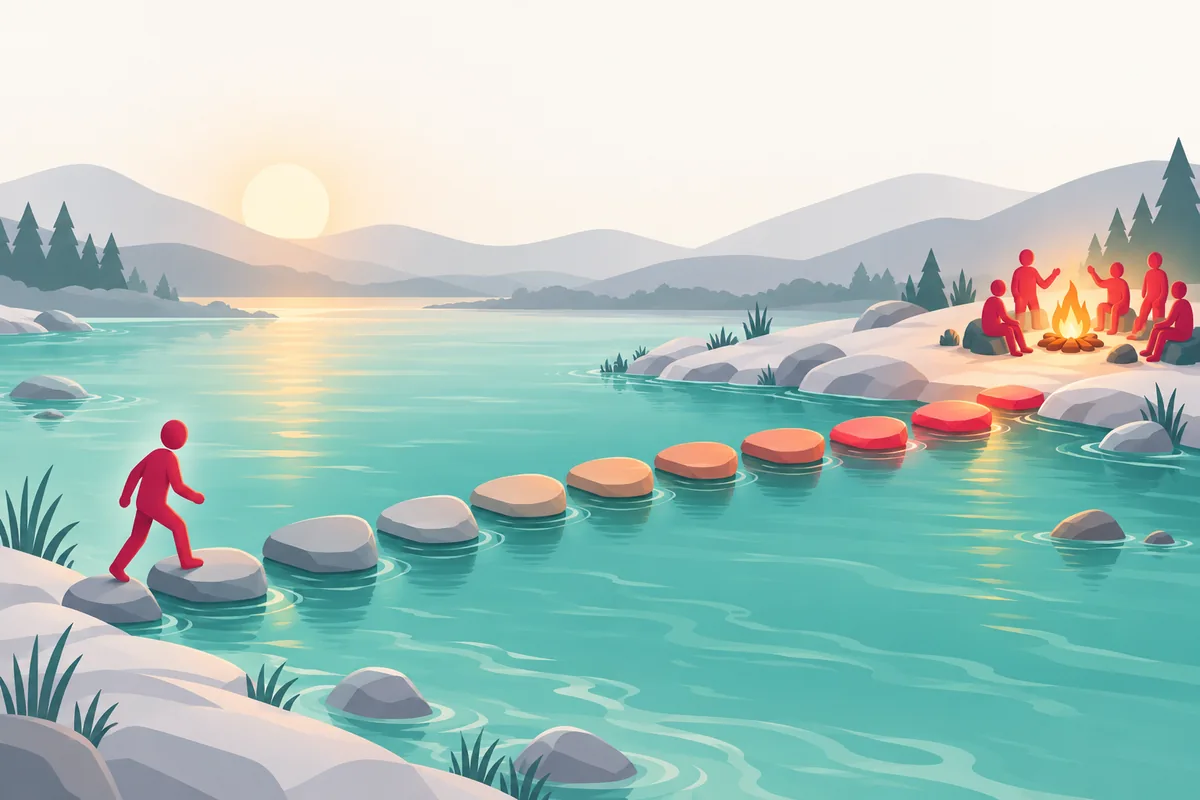 A figure steps onto the first of ten stepping stones across a river toward a small group around a campfire.