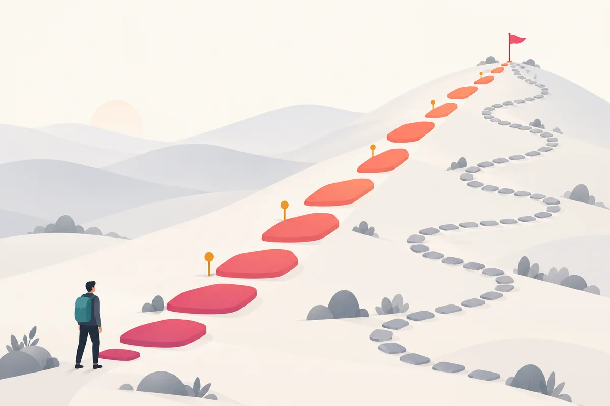 A figure starts up a hill toward a rose flag; a path of long stones climbs directly while short grey stones meander.