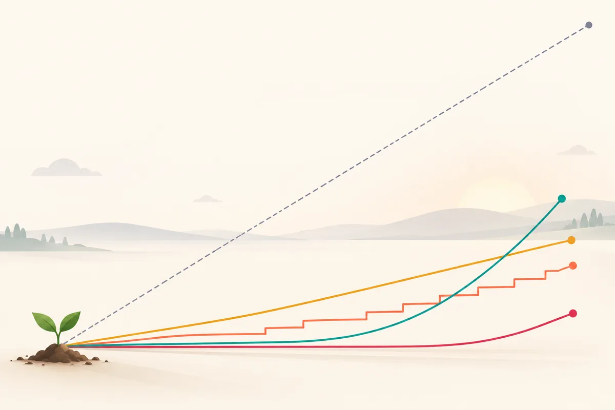 A small sprout with four different growth curves fanning out, and a straight dashed line overshooting them all.