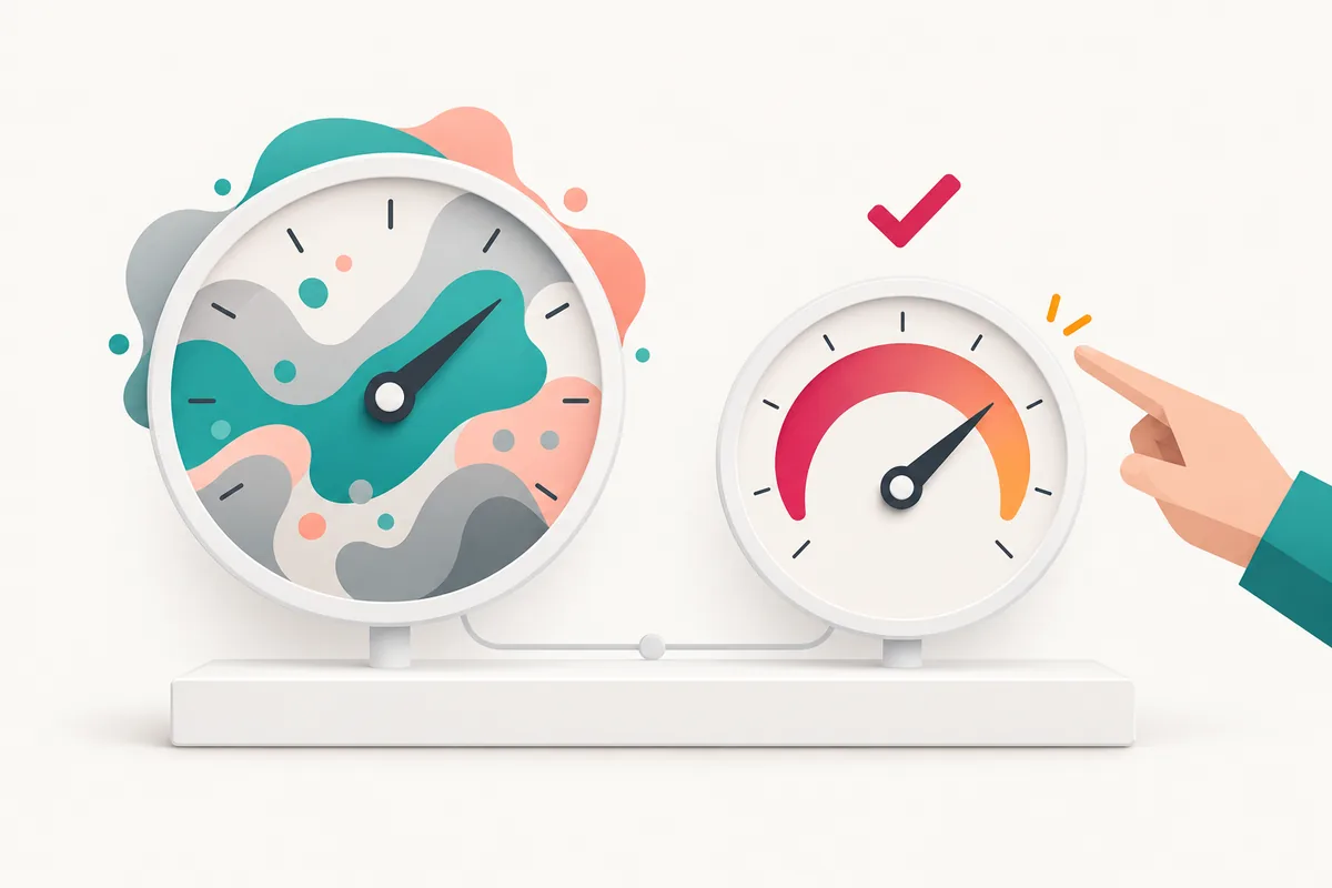 Two gauges side by side, a large mixed-color one and a smaller rose one with a hand pointing to it and a checkmark.