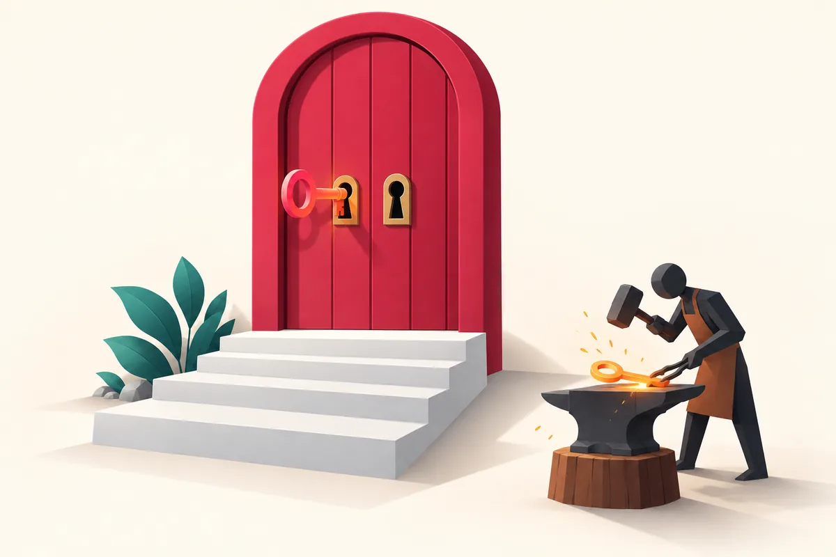 An arched door with two keyholes, one key already turned, while a figure forges the second key at an anvil.