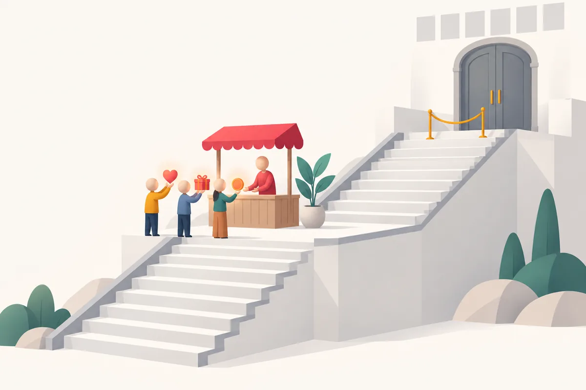 On a staircase landing, fans hand gifts to a creator at a stall, while a larger door at the top stays closed.