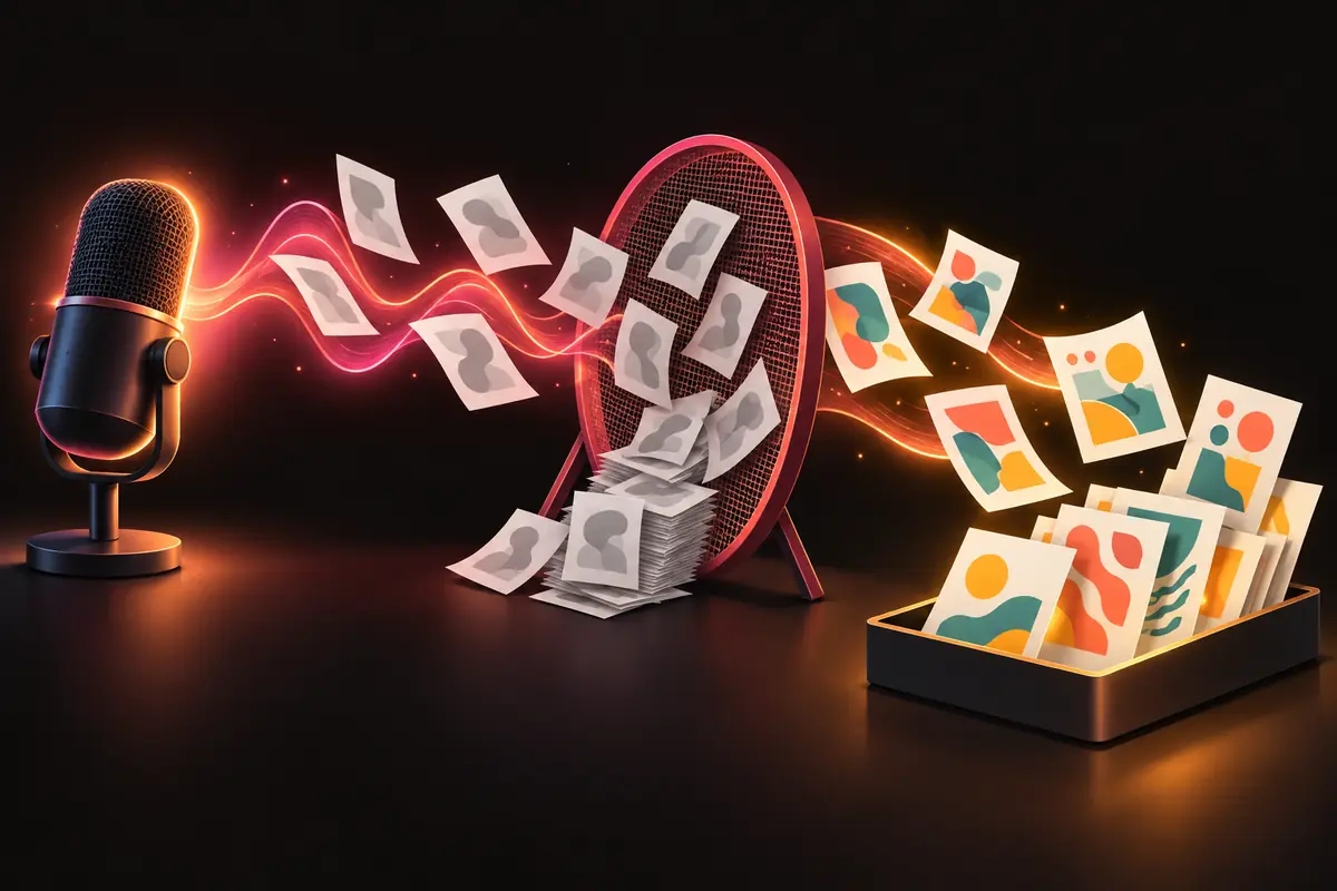 A microphone's sound wave carries pages to a sieve that catches identical stamped sheets and lets varied ones through.