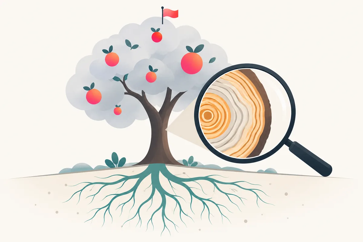 A magnifying glass reveals growth rings inside a tree trunk, with bright fruits in the canopy and a flag on top.