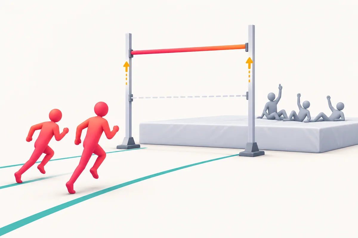 A high-jump bar raised to double height; figures already over it rest on the mat while newcomers run toward it.