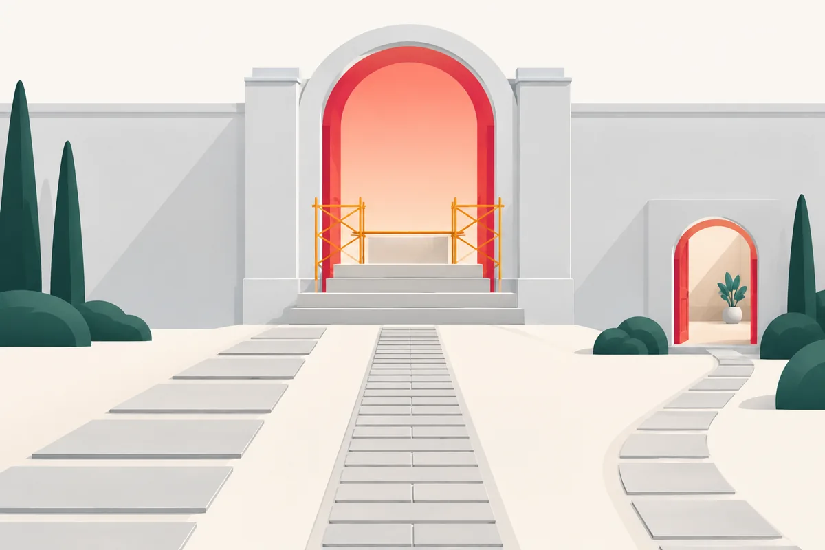 Three differently paved paths lead to one arched gate whose entrance step is being raised, with a smaller side door.