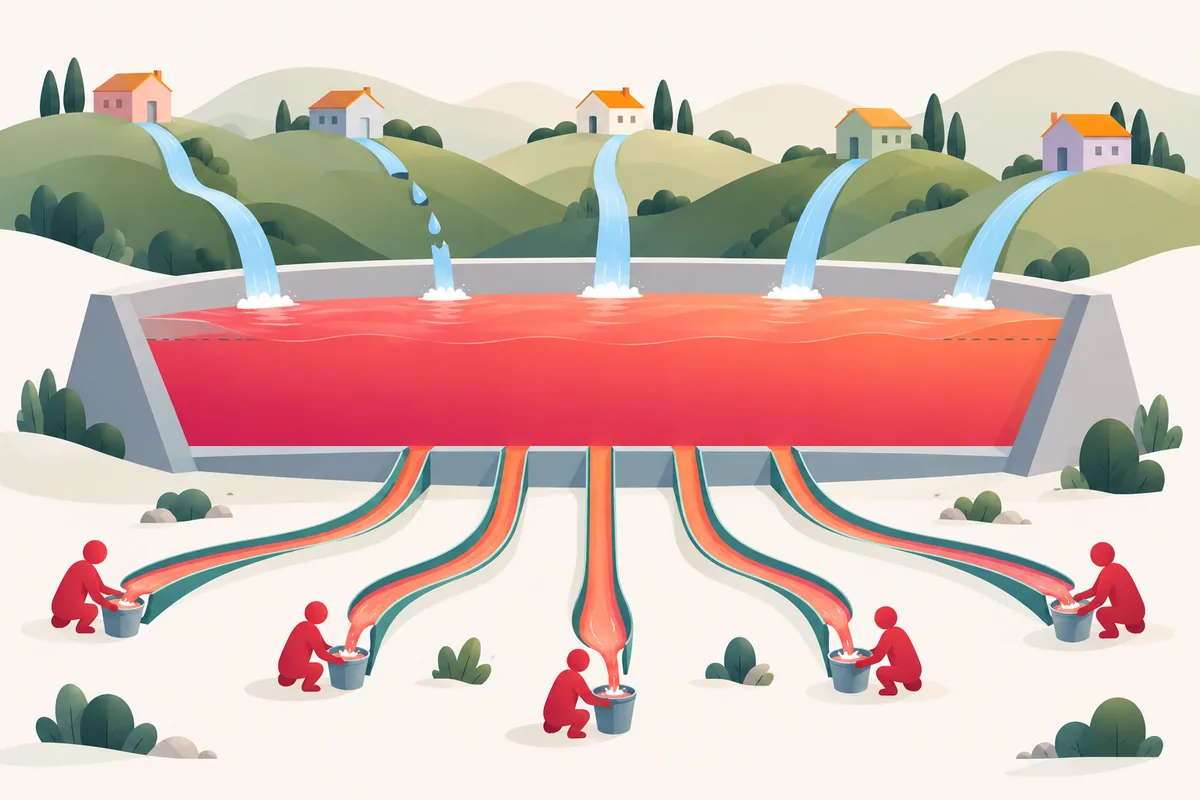 Streams from small houses fill a reservoir above its old waterline, and creators catch water from channels below.