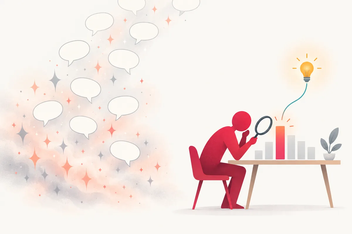 A sparkle cloud releases identical empty speech bubbles, while a creator studies one glowing bar in their own chart.