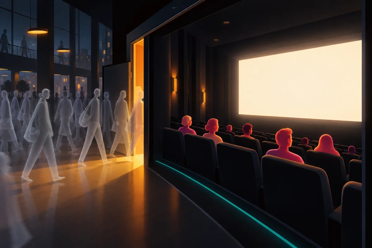 Faint figures drift past a cinema doorway while fewer glowing figures sit inside watching a bright screen.
