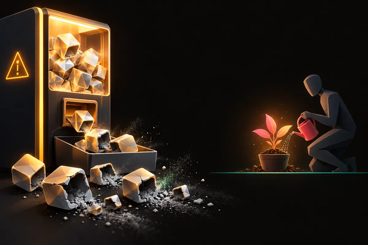 A glowing vending machine dispenses hollow cubes that crumble to dust, beside a figure tending one real growing plant.